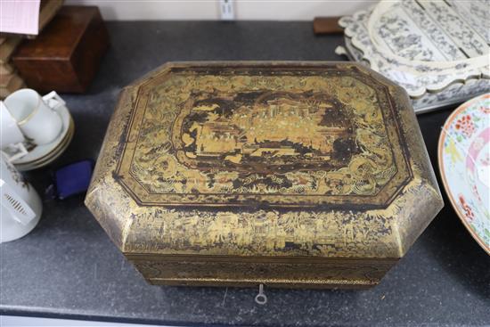 A 19th century Chinese export black lacquer work box, largest width 38cm depth 31cm height 14cm
